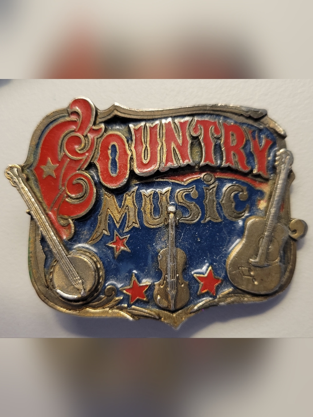 Vintage Country Music Belt Buckle - Red & Blue Enamel